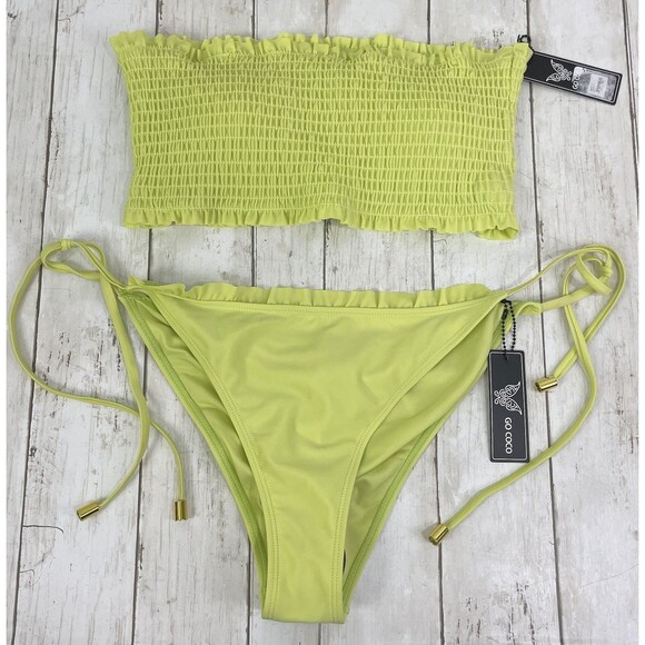 Go Coco Bandeau Top & Tie Side Bikini Bottom Set Sz L Celery Green NWT - Picture 1 of 9